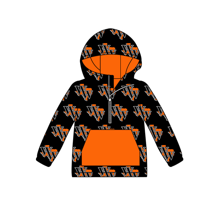 MOQ 3 W W long sleeves orange pocket kids team zipper hoodie