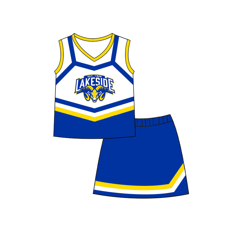 MOQ 3 pcs sleeveless yellow blue top skirt girls team clothing
