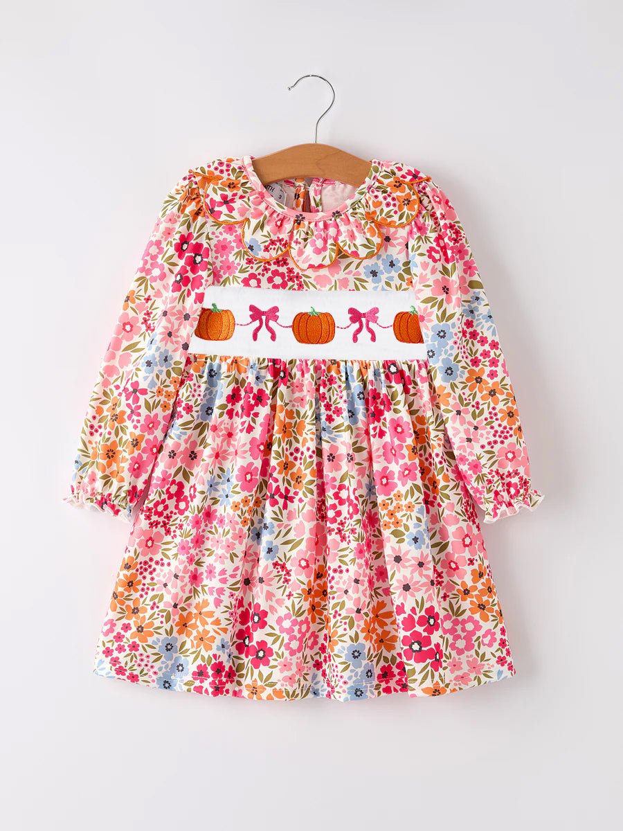 Deadline Aug 14 2025 long sleeves floral pumpkin bow girls fall dress