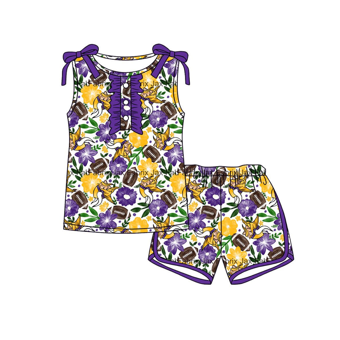 MOQ 5 pcs sleeveless purple yellow floral top shorts girls team outfits