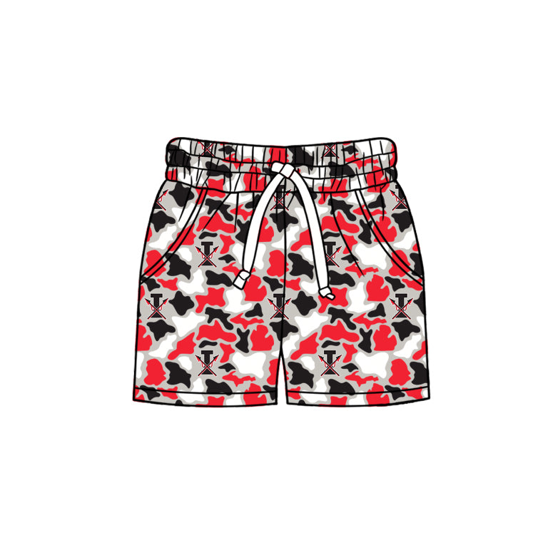 MOQ 5 pcs red black camo I pockets kids boys team shorts