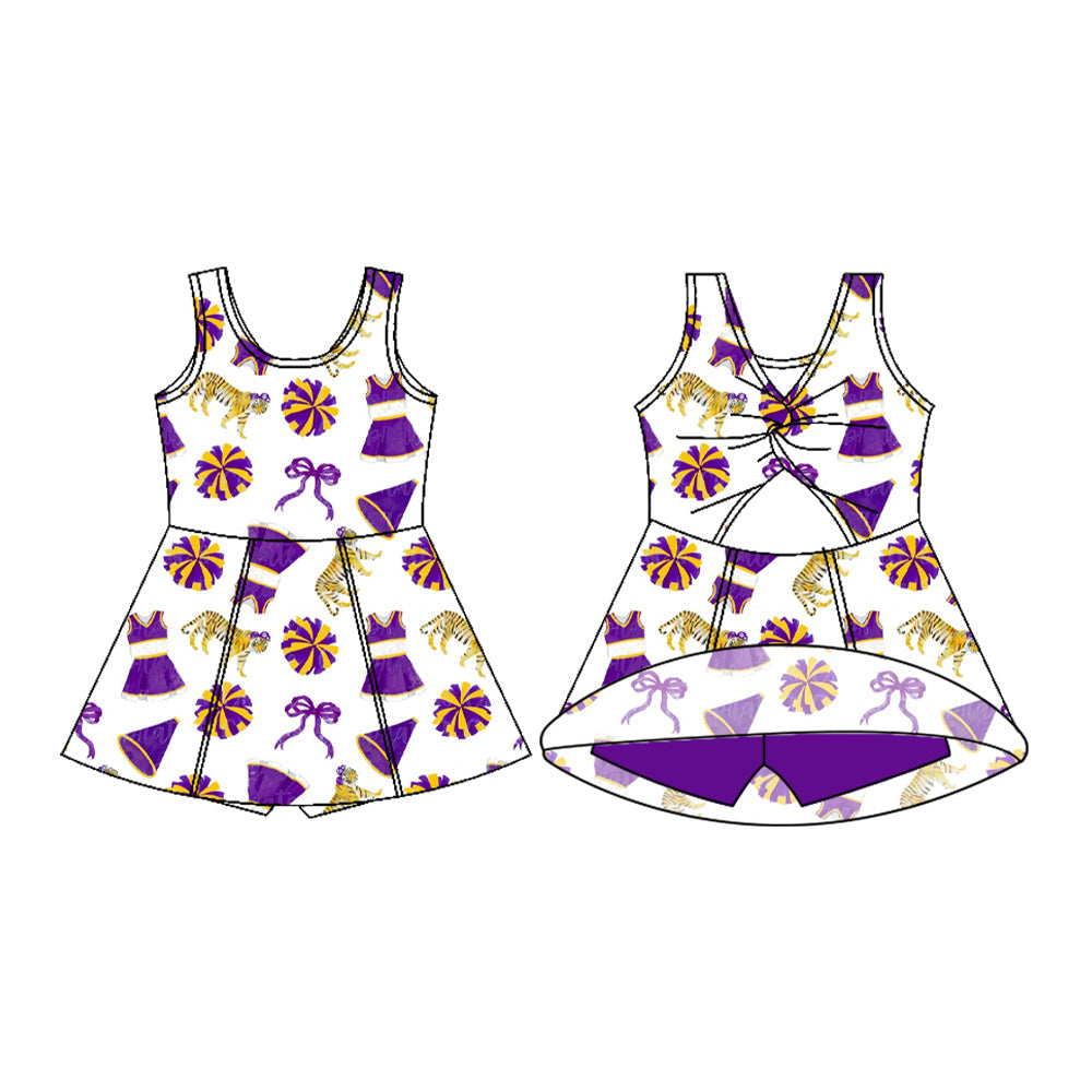 MOQ 5 pcs Sleeveless purple tiger bow kids girls team athletic dress