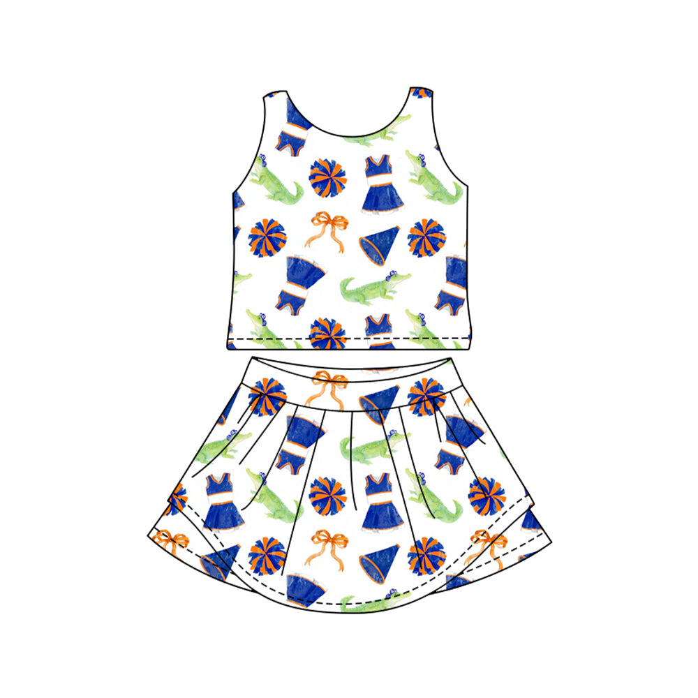 MOQ 5 pcs sleeveless crocodile bow top skirts girls team active outfits