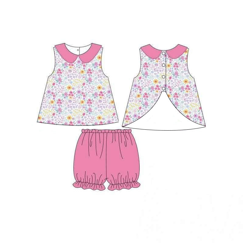 MOQ 5 pcs Sleeveless pink floral top shorts girls outfits