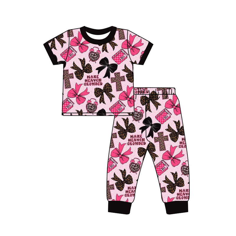 MOQ 5 short sleeves leopard bow kids girls pajamas