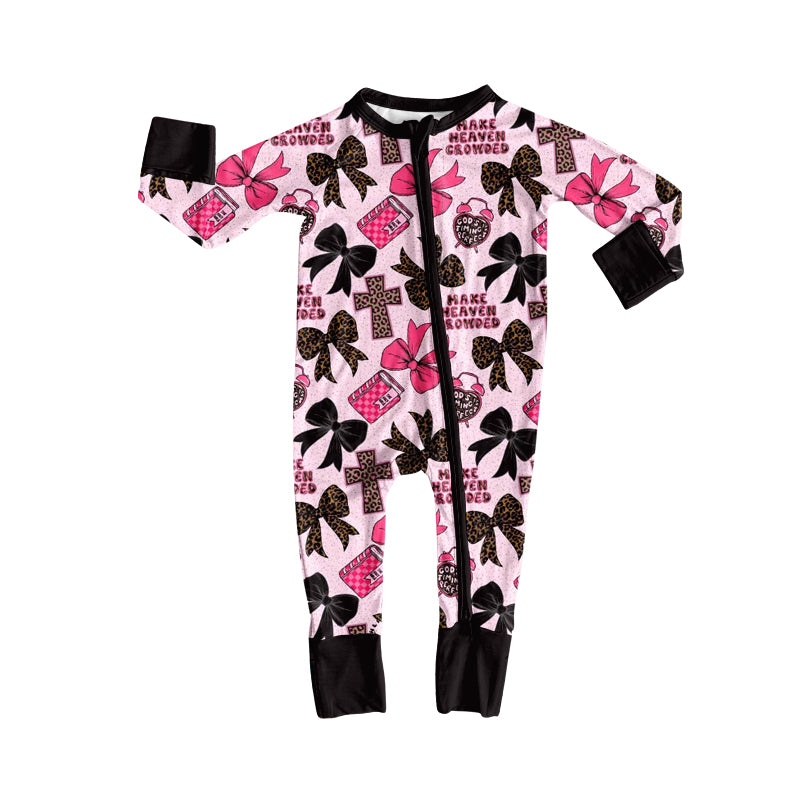 MOQ 5 pcs long sleeves bow leopard baby girls zipper romper