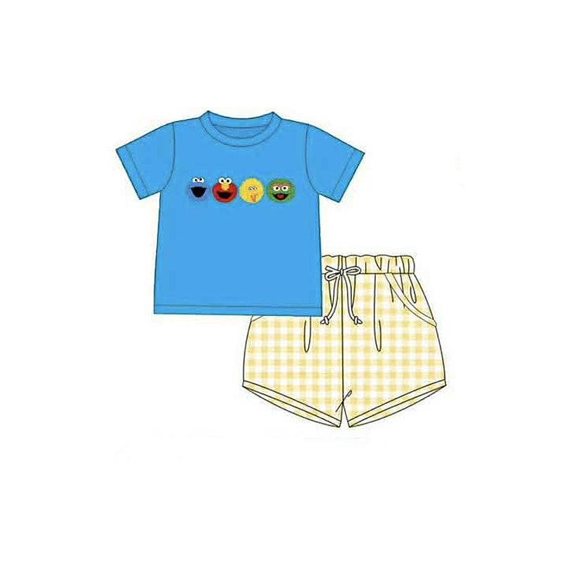 MOQ 5 pcs short sleeves sesame top plaid shorts boys outfits