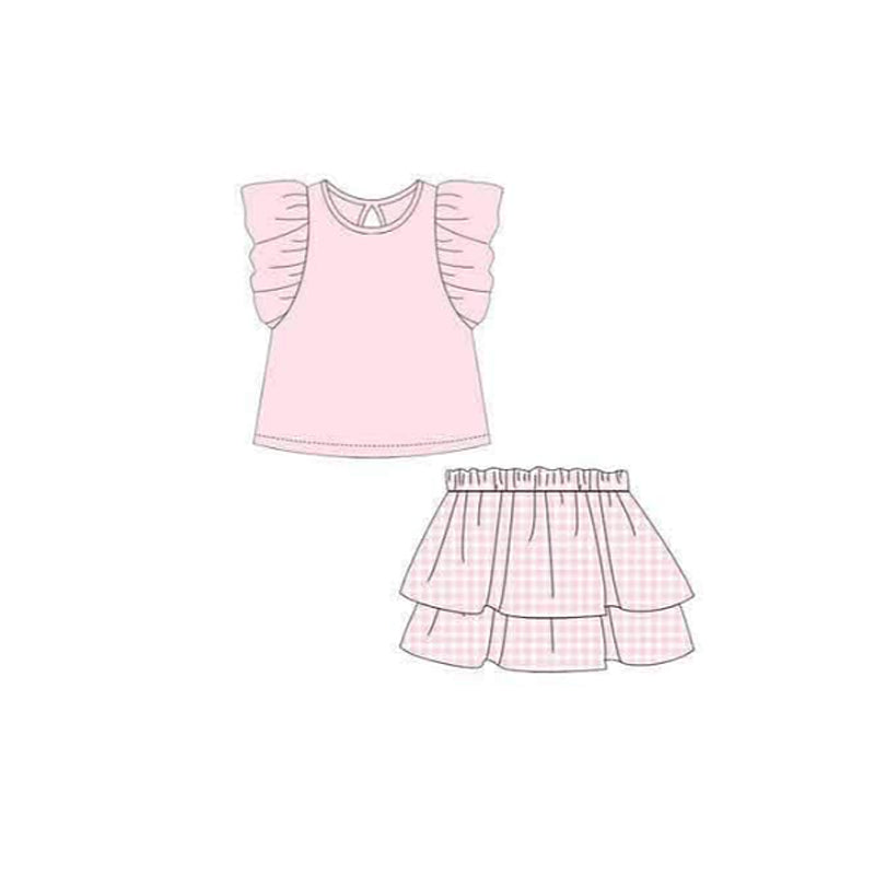 MOQ 5 pcs pink flutter sleeves top skirt girls outfits
