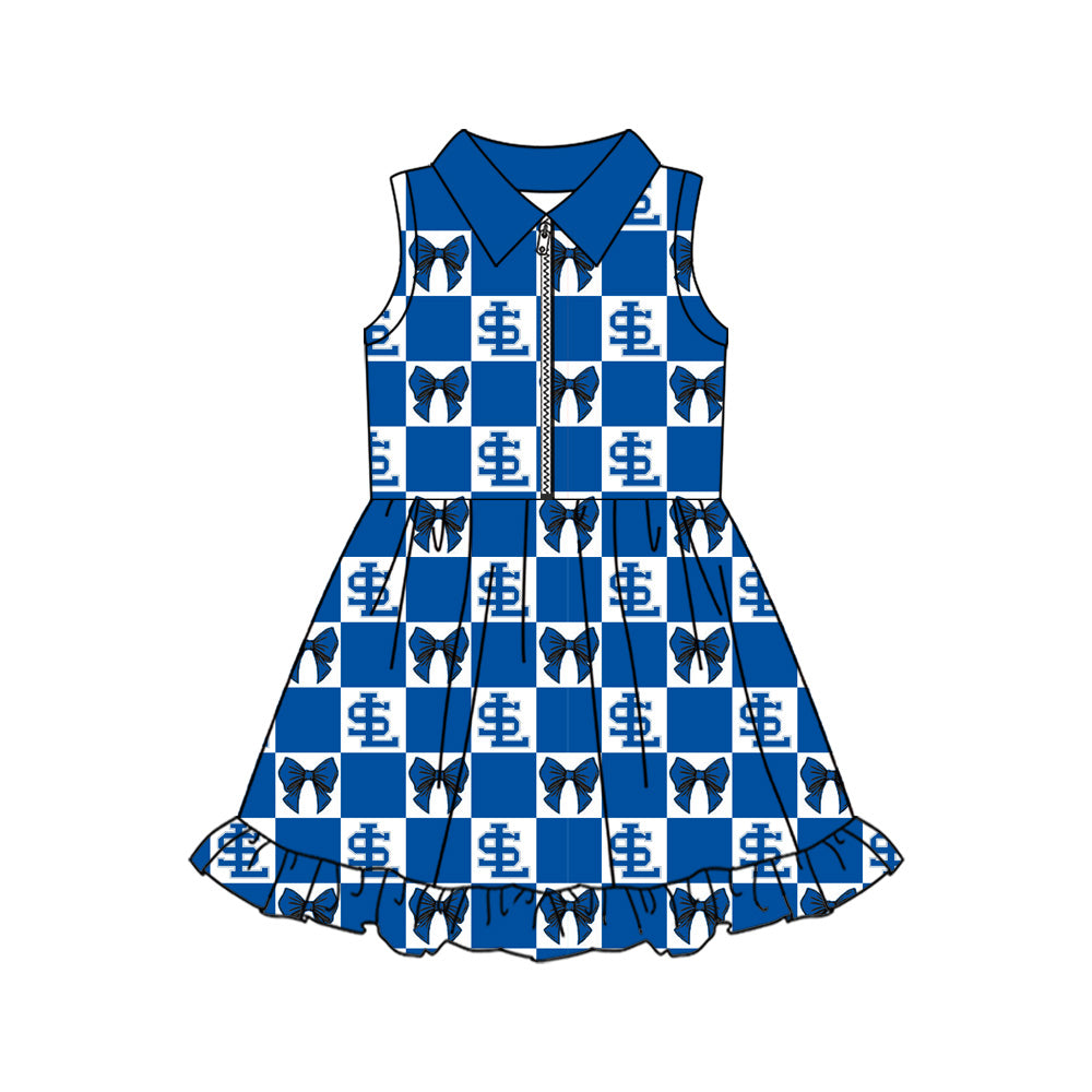 MOQ 5 pcs blue S L bow kids girls team athletic dress