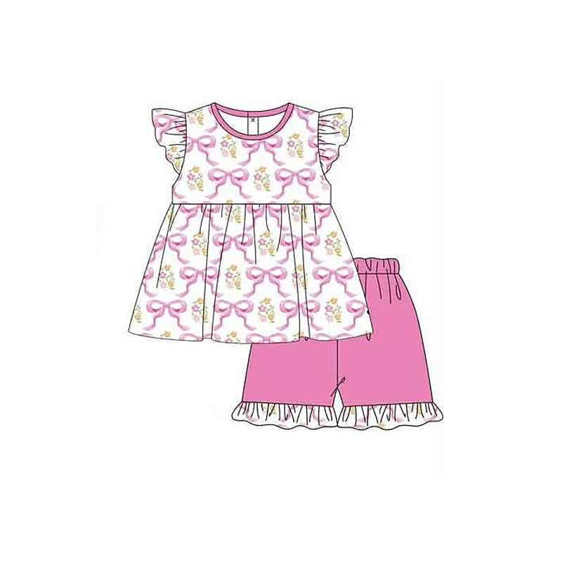 Flutter sleeves floral bow tunic shorts girls summer outfits