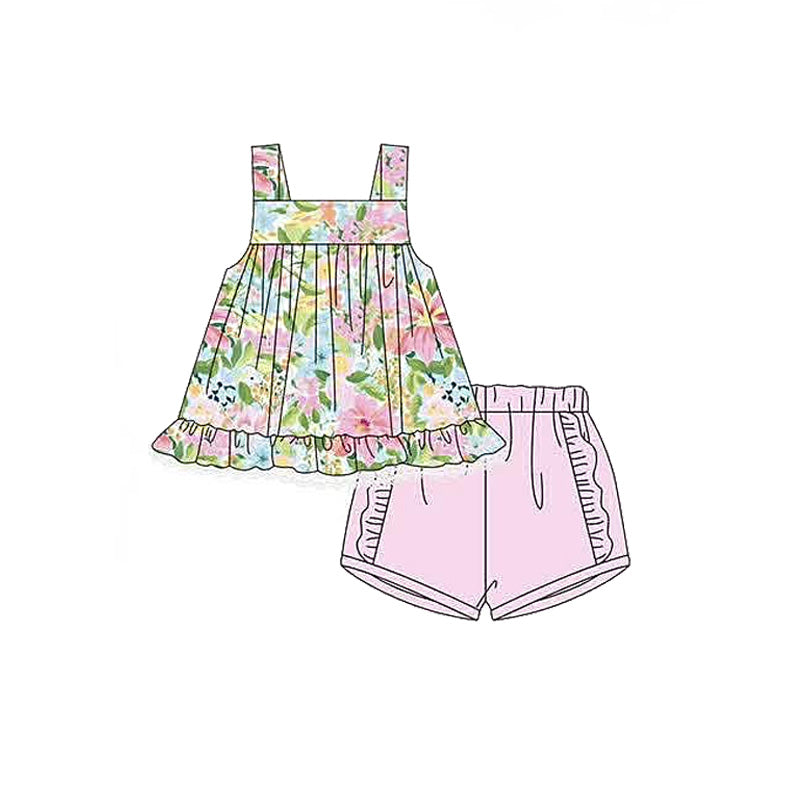 Straps floral tunic pink shorts kids girls summer outfits