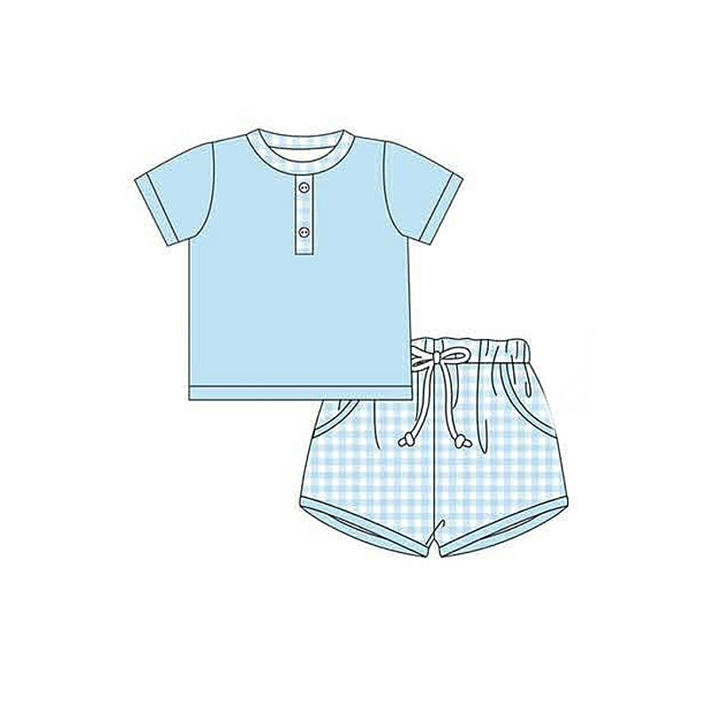 Short sleeves aqua top plaid shorts kids boys outfits