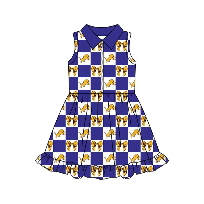 MOQ 5 pcs sleeveless lion plaid bow girls team athletic dress