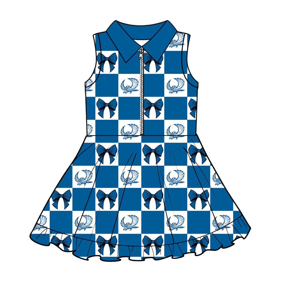 MOQ 5 pcs sleeveless owl plaid bow girls team athletic dress