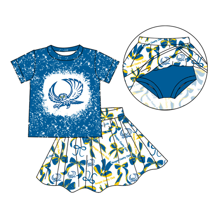 MOQ 5 pcs owl bleached top skorts kids girls team outfits