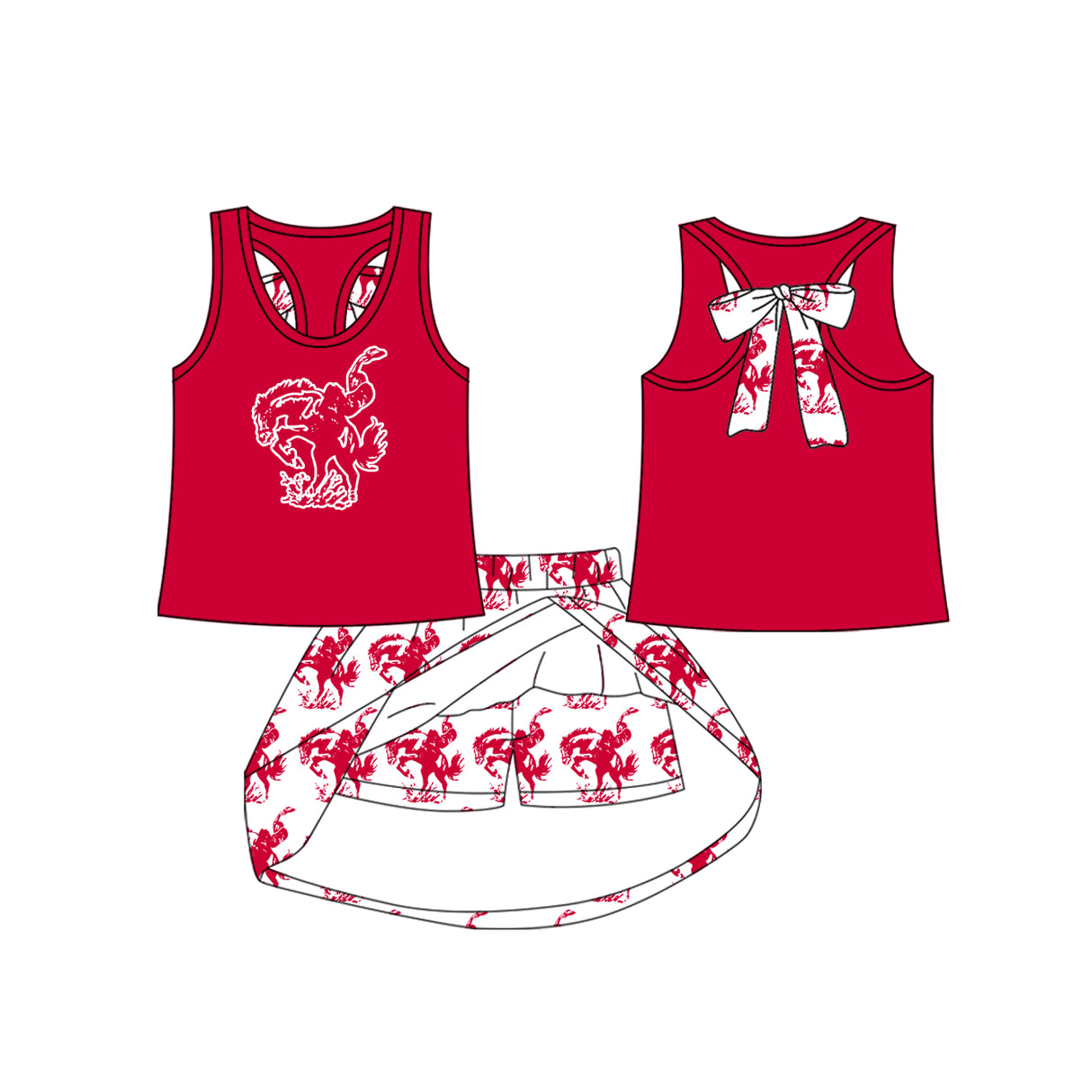 MOQ 5 pcs sleeveless bow top red skorts kids girls team outfits