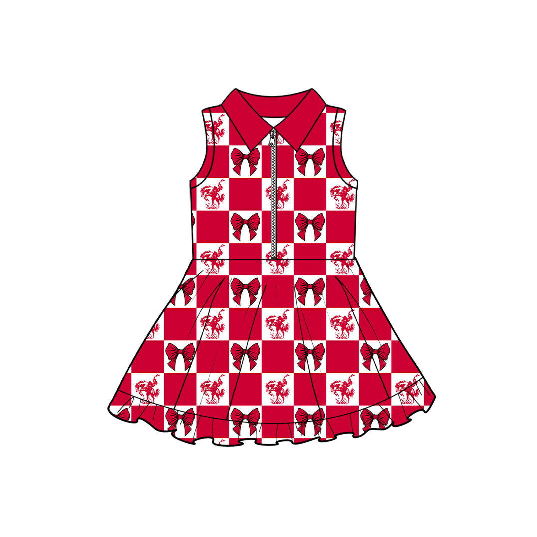 MOQ 5 pcs sleeveless red plaid bow girls team athletic dress