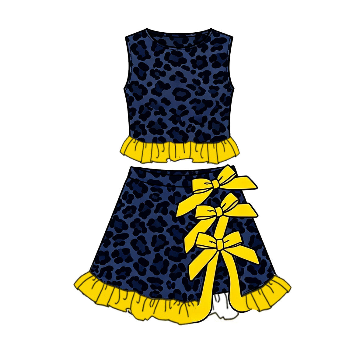 MOQ 5 pcs navy leopard sleeveless top ruffle skirt girls active set