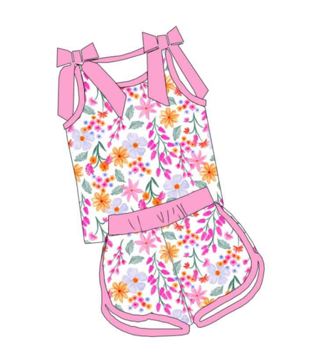 MOQ 5 pcs sleeveless pink bow floral top shorts girls outfits
