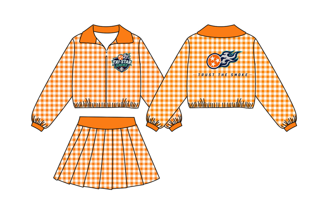 MOQ 5 pcs orange plaid baseball top skirt girls active wear set