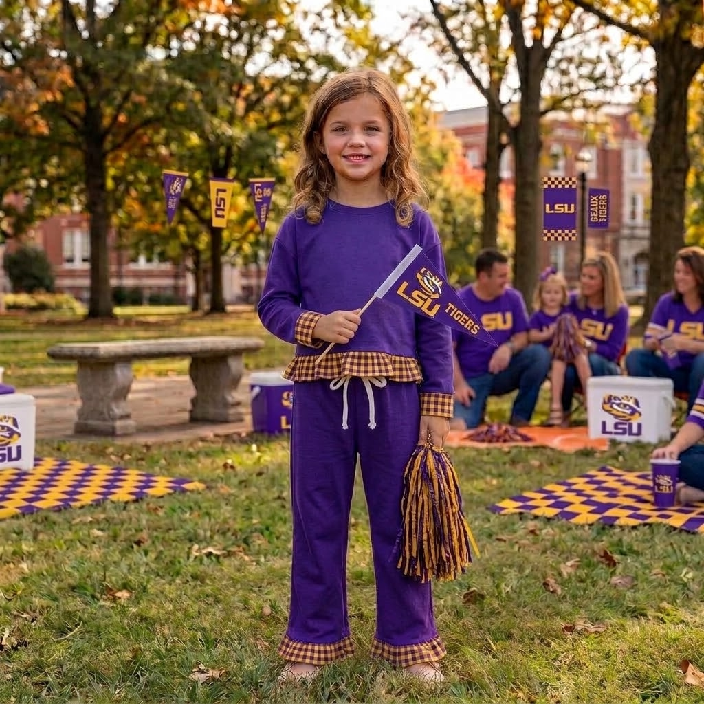 MOQ 8 Long sleeves purple plaid ruffle girls team outfits