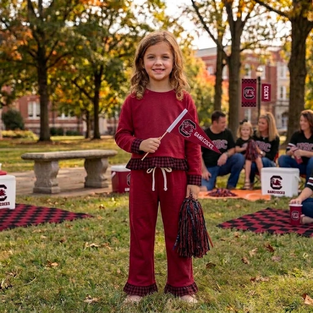 MOQ 8 Long sleeves maroon plaid ruffle girls team outfits