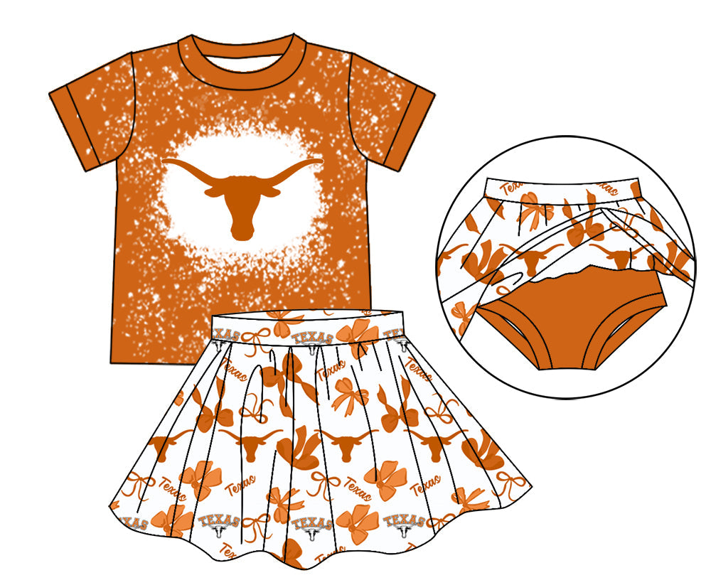 MOQ 3 pcs bull skull bleached top bow skirt girls team outfits