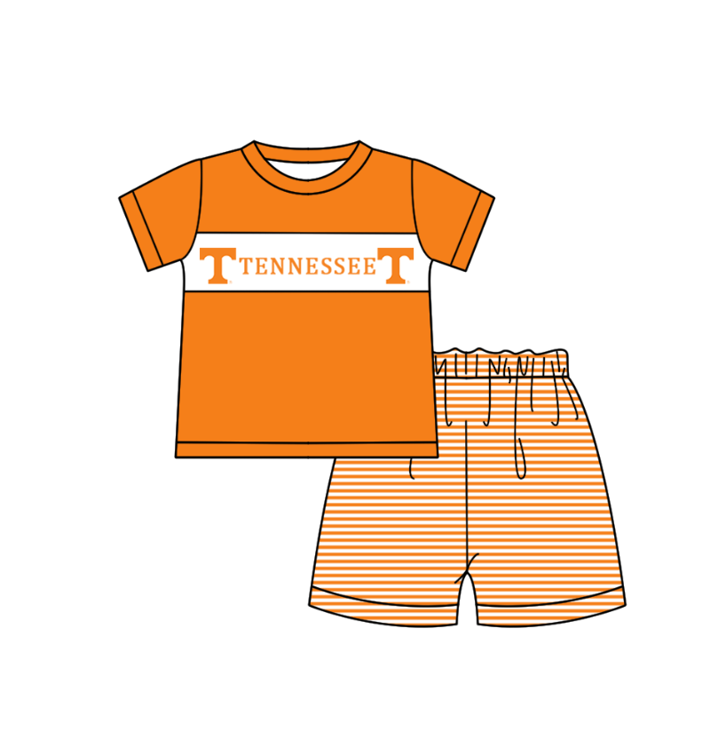 MOQ 5 pcs orange short sleeves T top stripe shorts boys team outfit