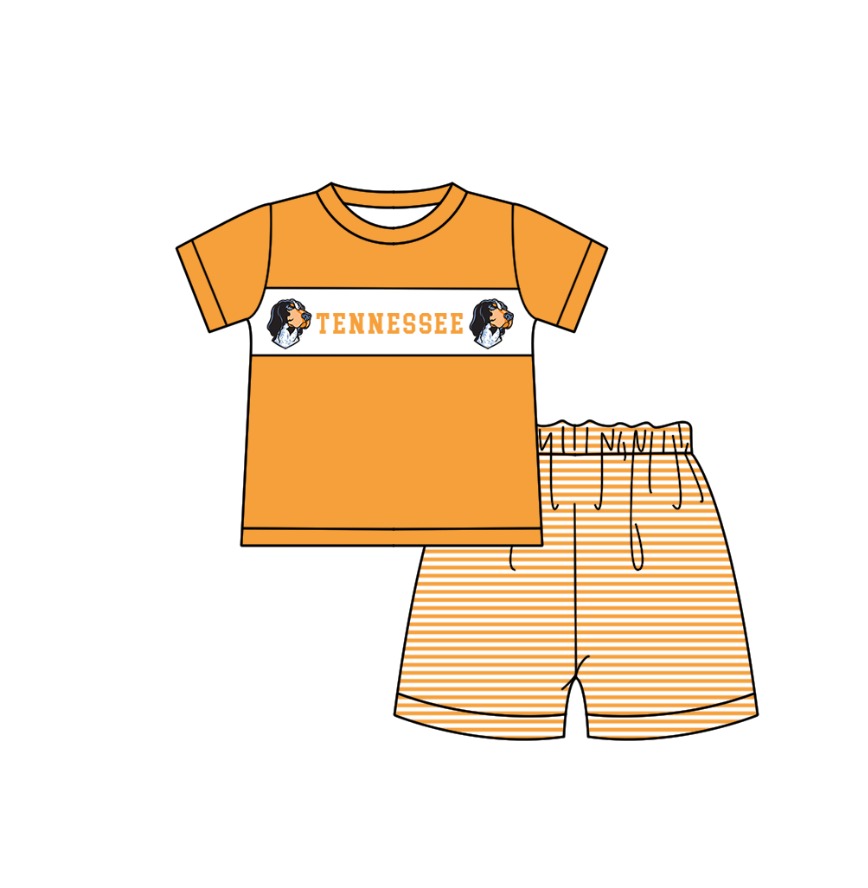 MOQ 5 pcs orange short sleeves T top stripe shorts boys team outfit