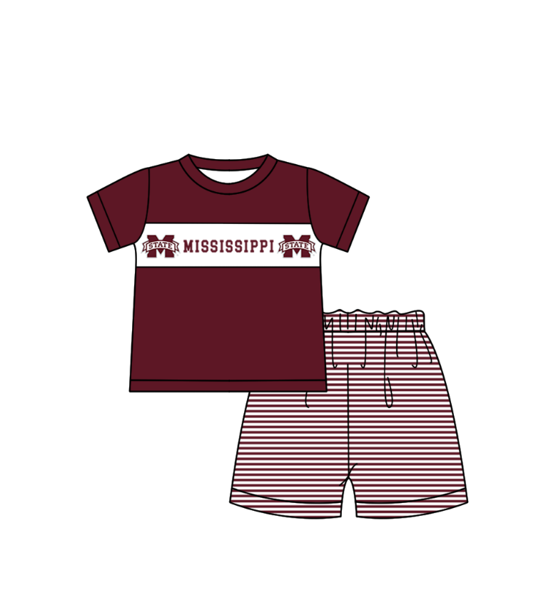 MOQ 5 pcs maroon short sleeves M top stripe shorts boys team outfit