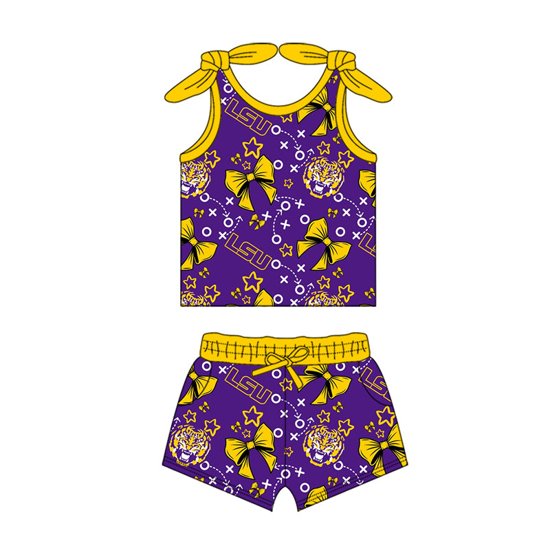 MOQ 3 pcs sleeveless tiger bow kids girls team outfits