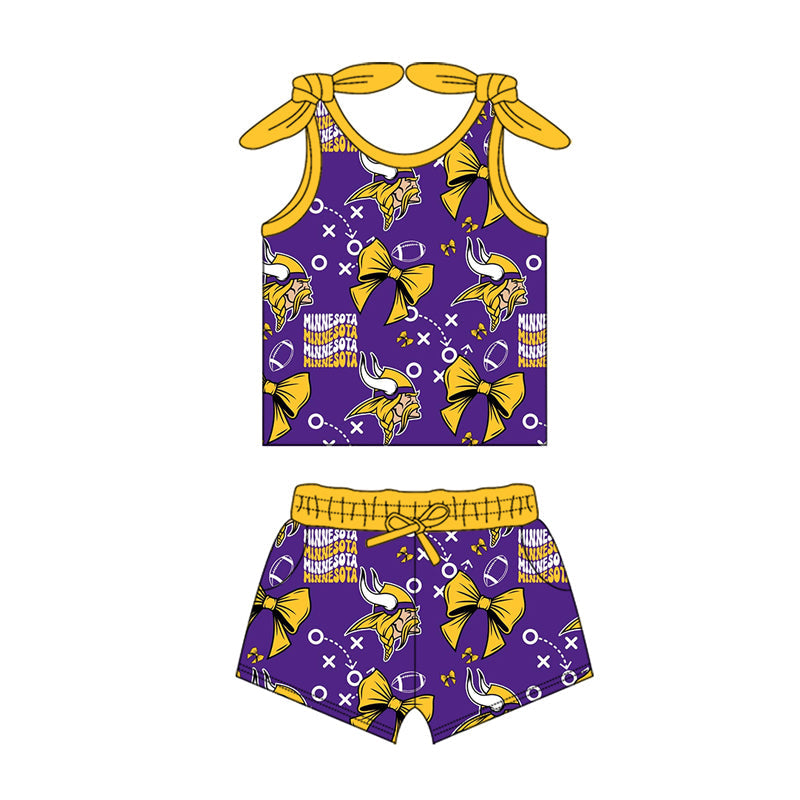 MOQ 3 pcs sleeveless yellow bow purple kids girls team outfits