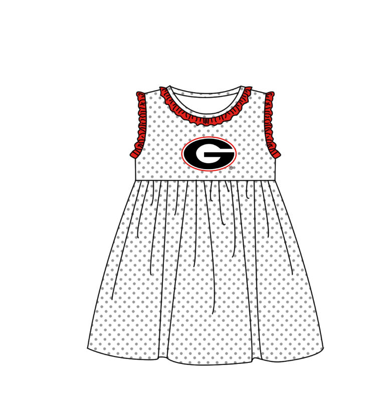 MOQ 5 pcs red ruffle sleeveless white polka dots G girls team dresses