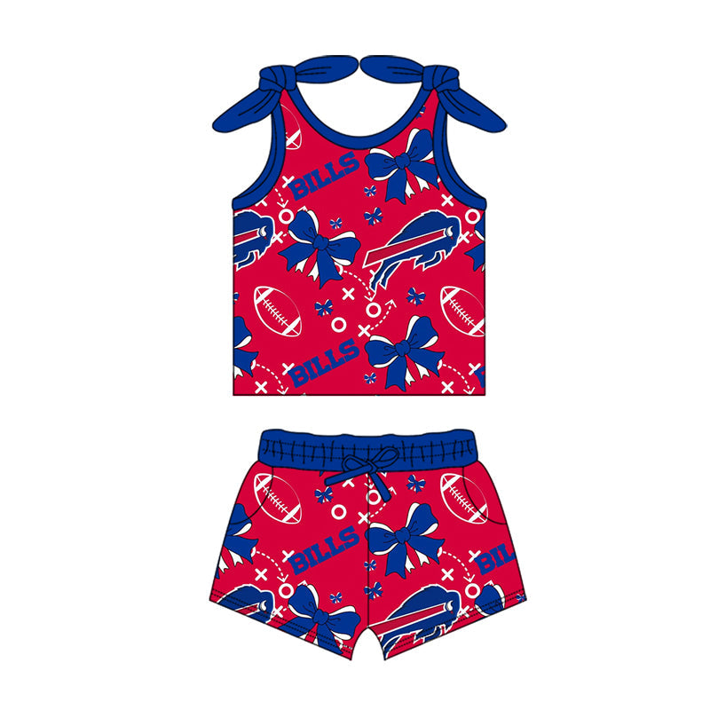 MOQ 3 pcs sleeveless blue bow red kids girls team outfits