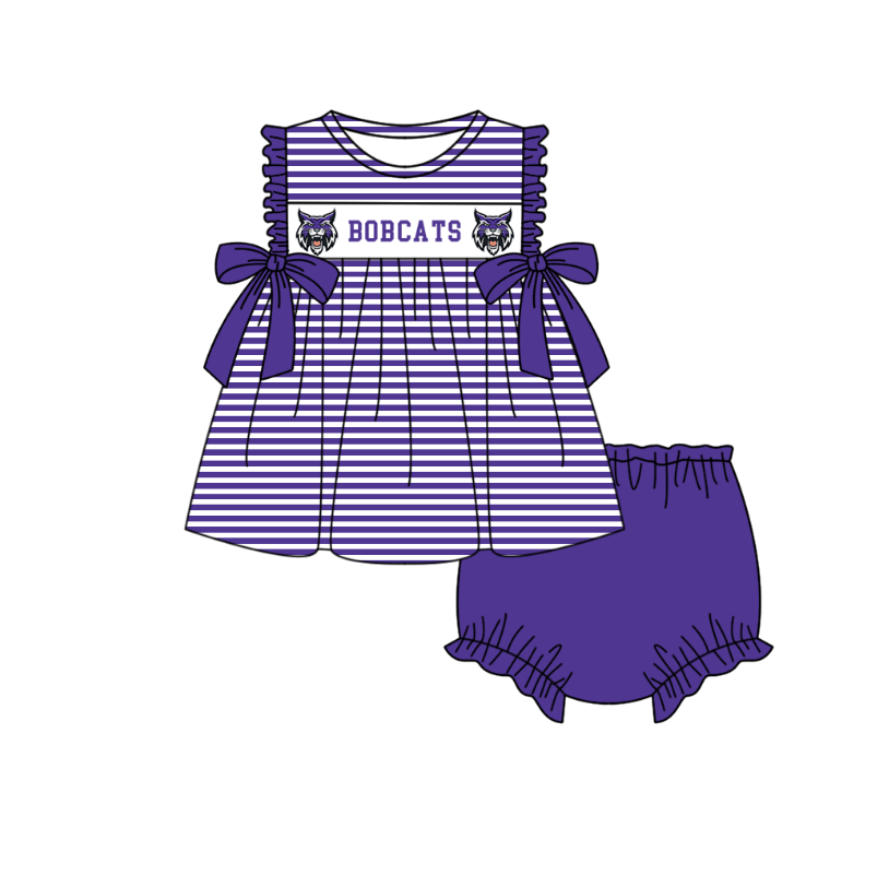 MOQ 5 pcs purple stripe bow BOBCATS tunic bummies baby girls team set