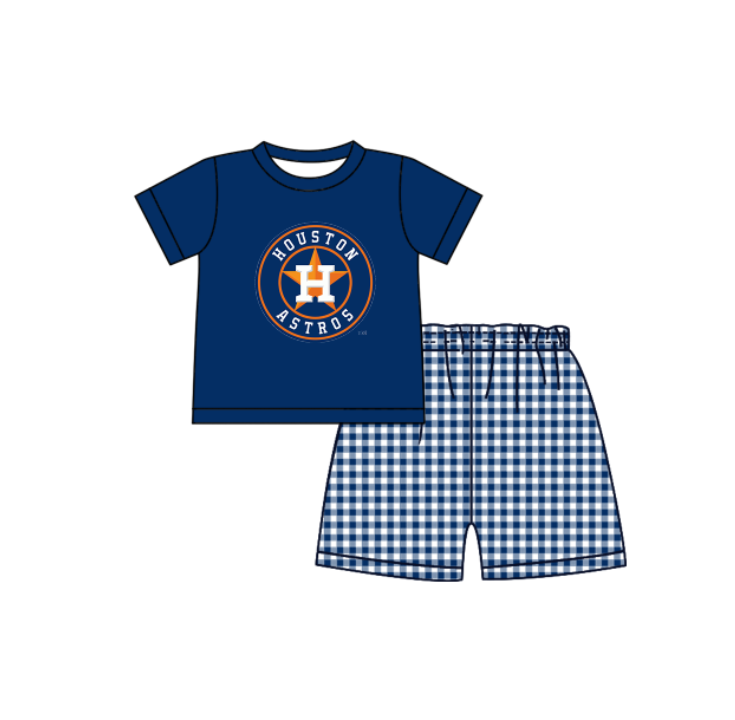 MOQ 5 pcs dark blue short sleeves H top plaids shorts boys team outfit