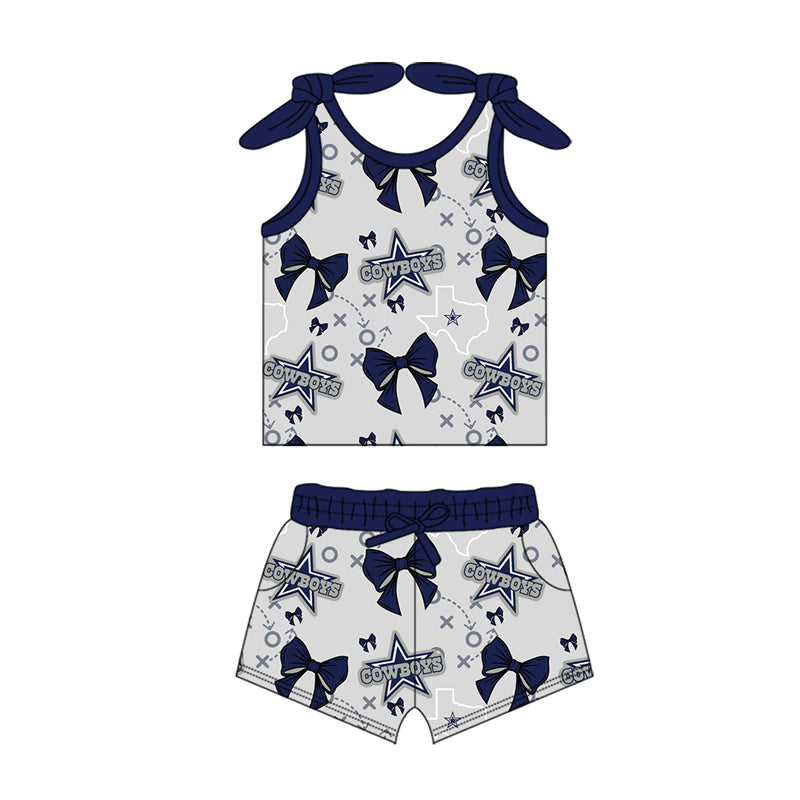 MOQ 3 pcs sleeveless cowboy bow kids girls team outfits