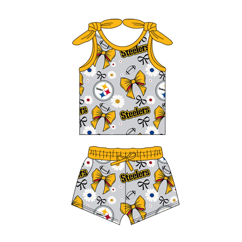 MOQ 3 pcs sleeveless yellow bow floral kids girls team outfits