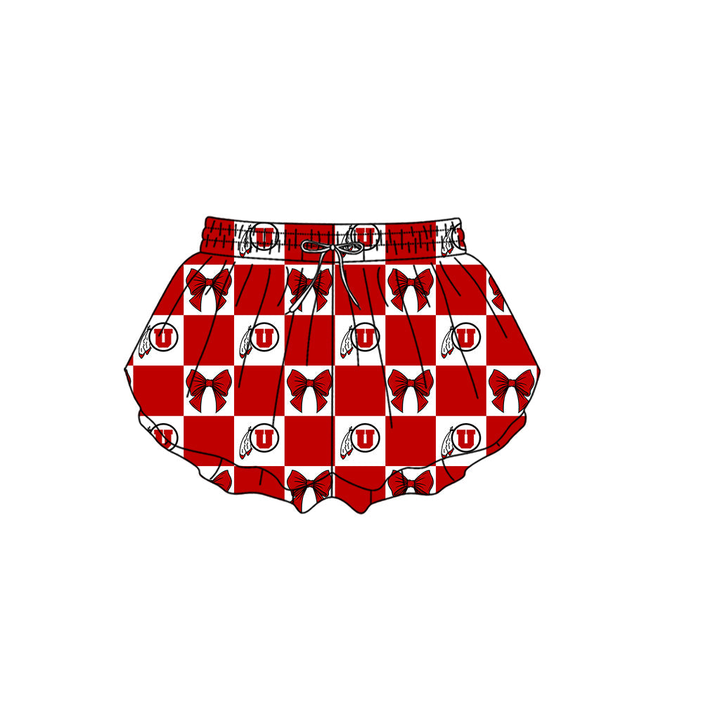 MOQ 5 pcs red Plaid bow U kids girls team active summer shorts