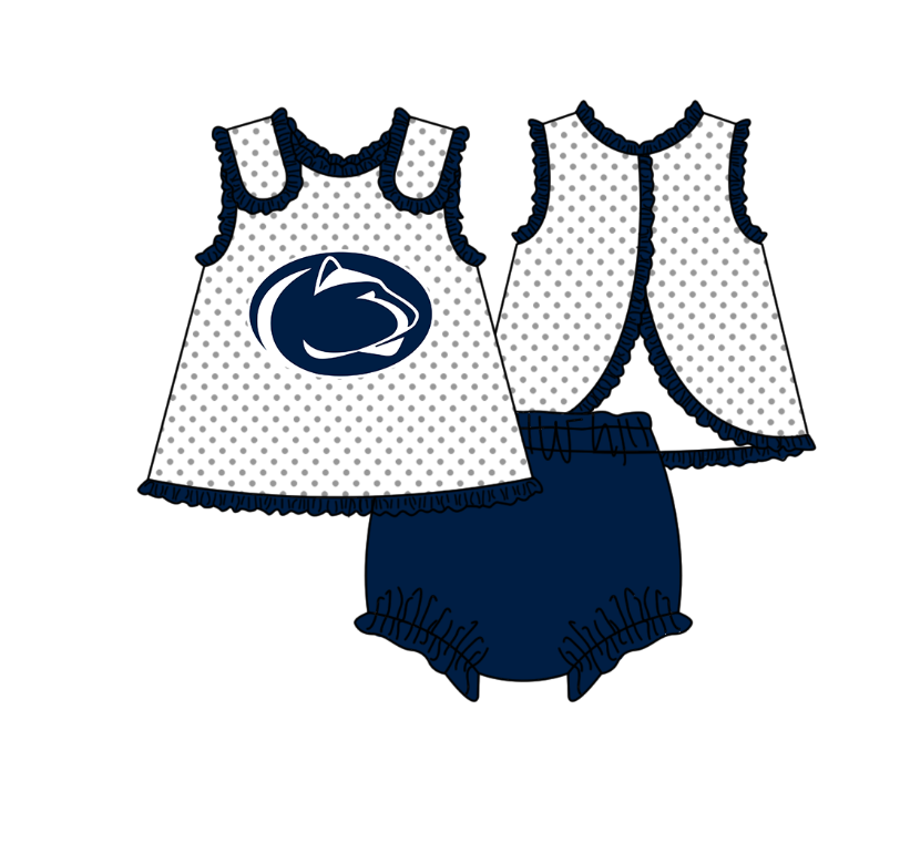 MOQ 5 pcs white polka dots sleeveless tunic dark blue bummies baby girls team set