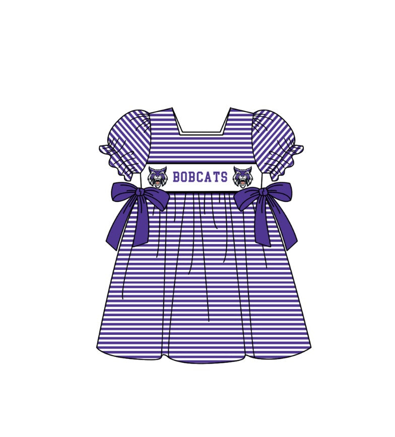 MOQ 5 pcs Short sleeves purple stripe bow BOBCATS girls team dresses