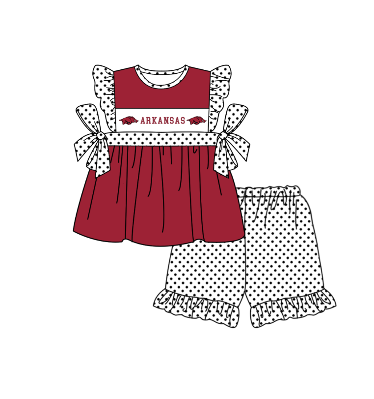 MOQ 5 pcs maroon bow ARKANSAS tunic white polka dots ruffle shorts girls team outfit