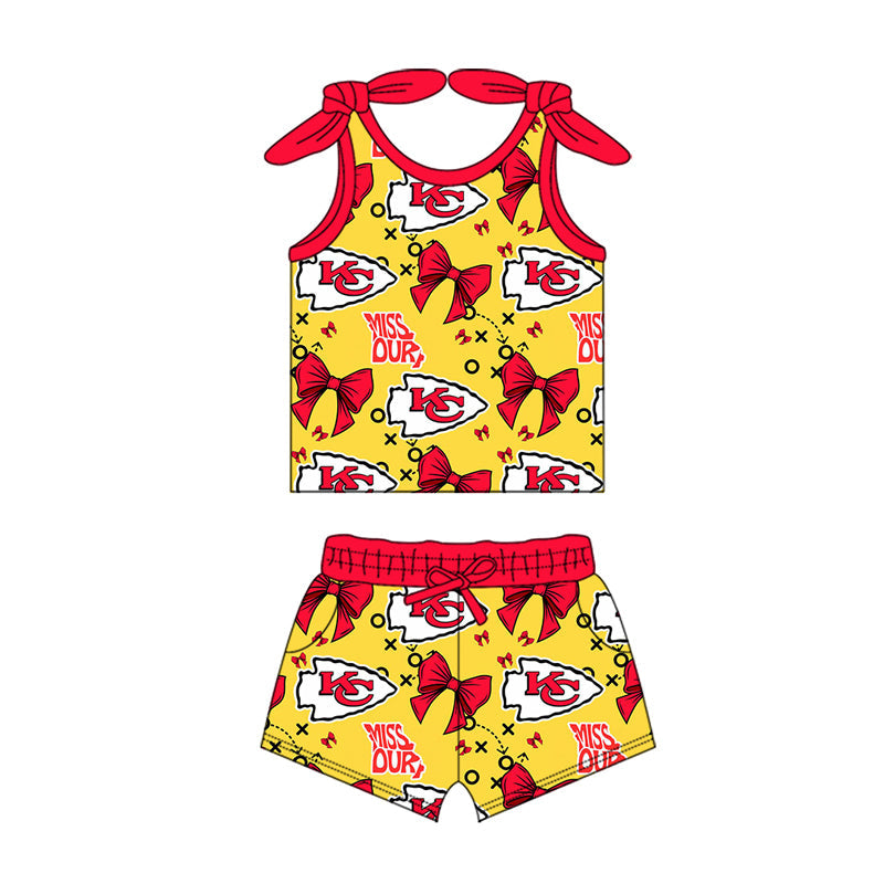 MOQ 3 pcs sleeveless red bow K C kids girls team outfits