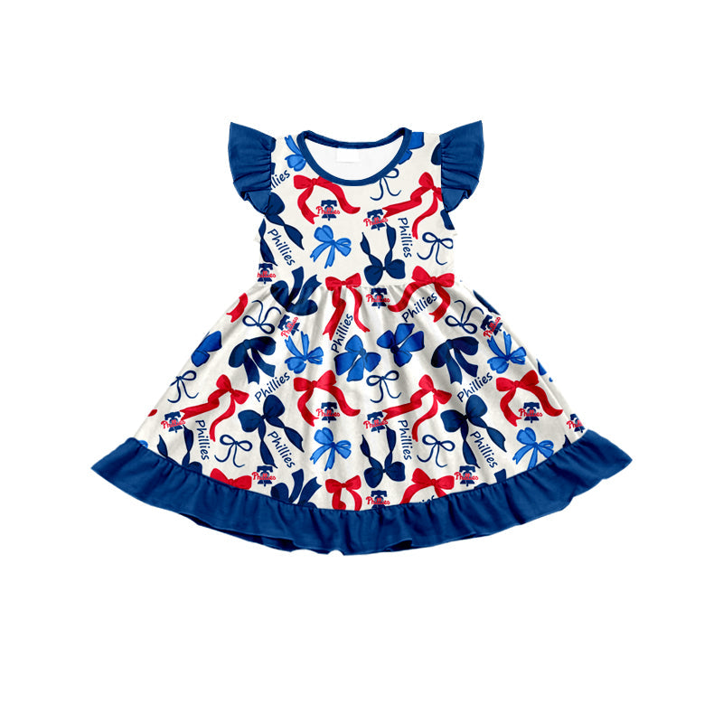 MOQ 3 pcs flutter sleeves red blue bows girls team dress