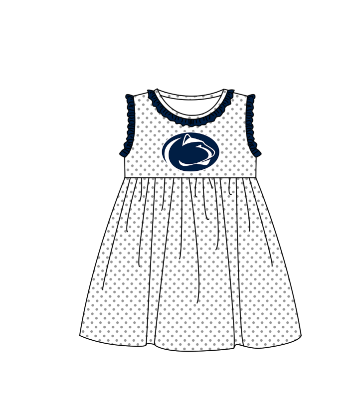 MOQ 5 pcs dark blue ruffle sleeveless white polka dots girls team dresses