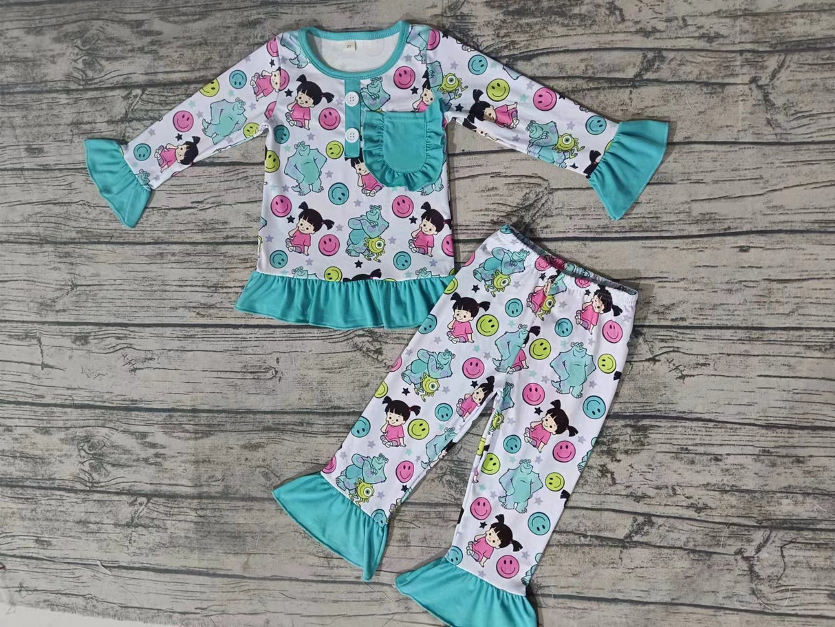 MOQ 5 long sleeves pocket smile monster girls pajamas