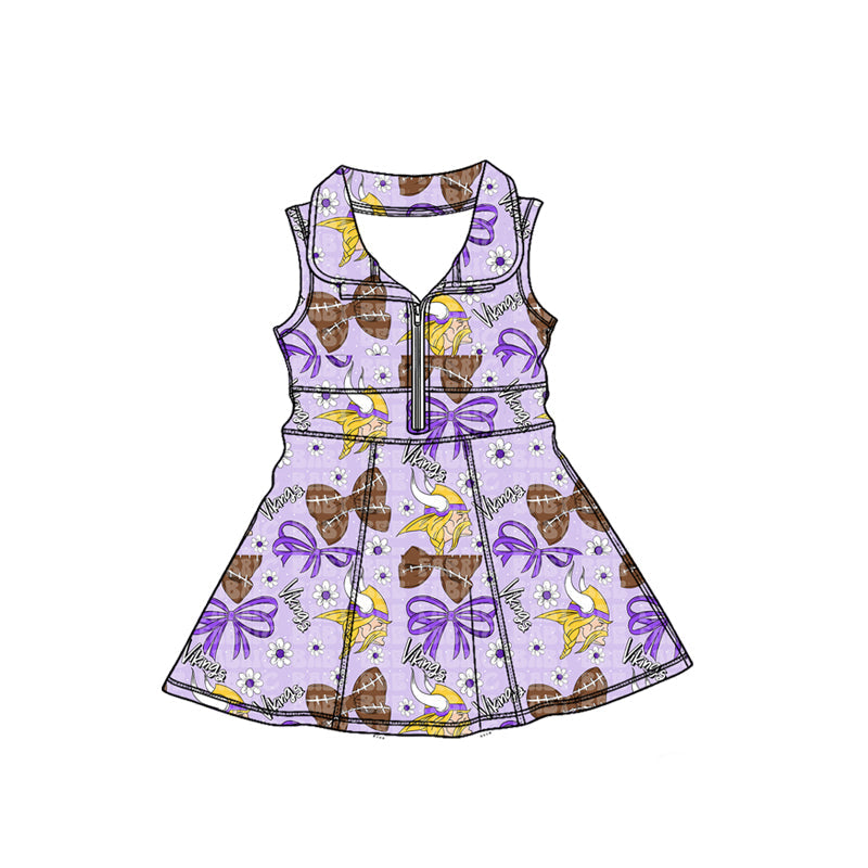 MOQ 5 pcs sleeveless purple bow girls zipper team athletic dress