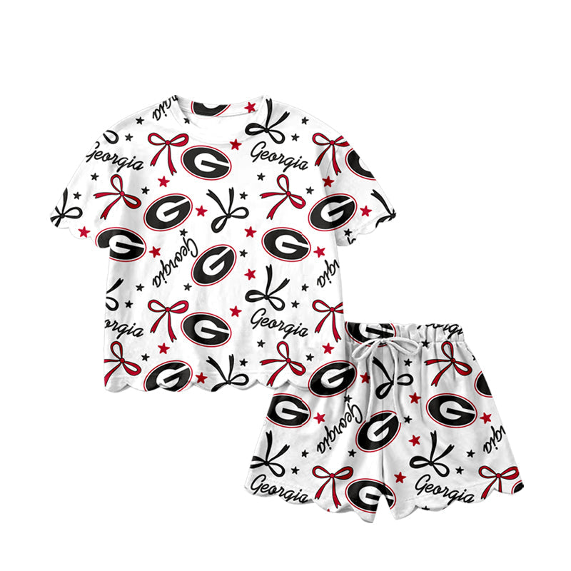 MOQ 5 pcs short sleeves G bow scallop girls team outfits