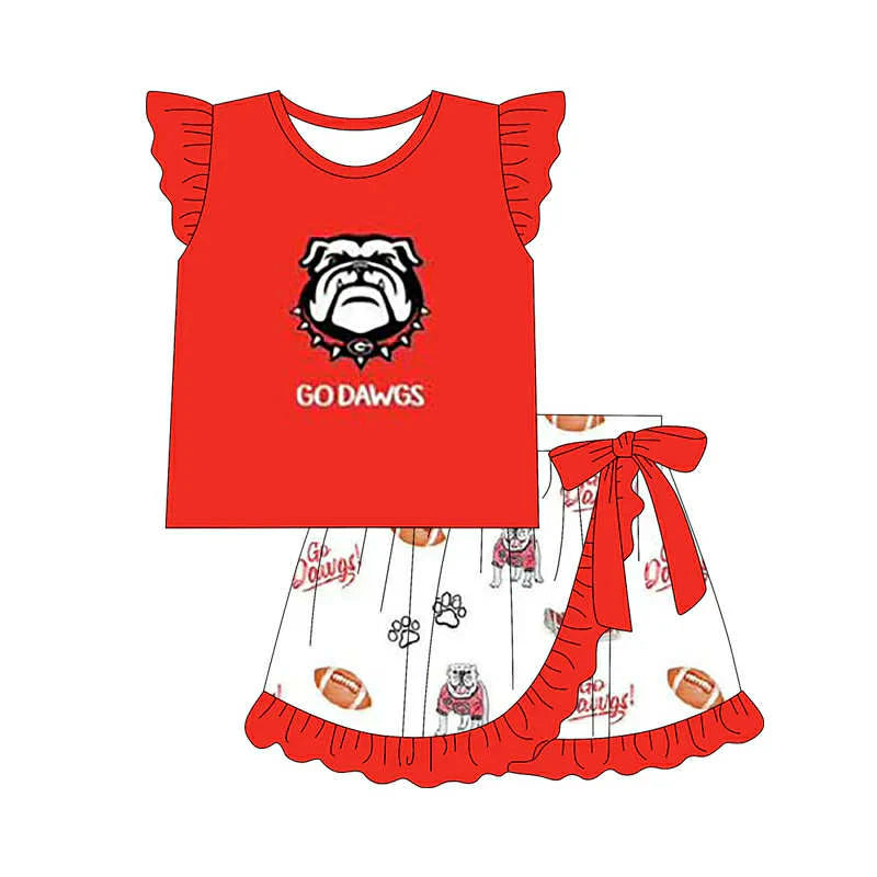 MOQ 3 pcs Flutter sleeves dog red top skirt girls team outfits