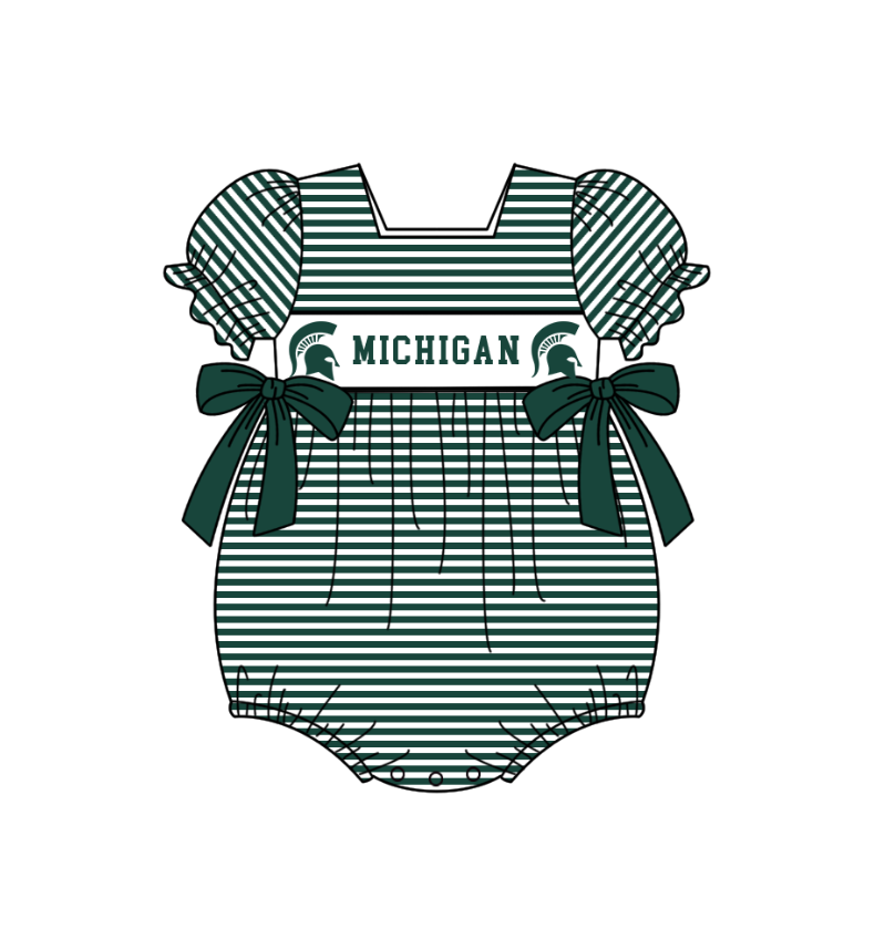 MOQ 5 pcs green stripe MICHIGAN short sleeves baby girls team romper